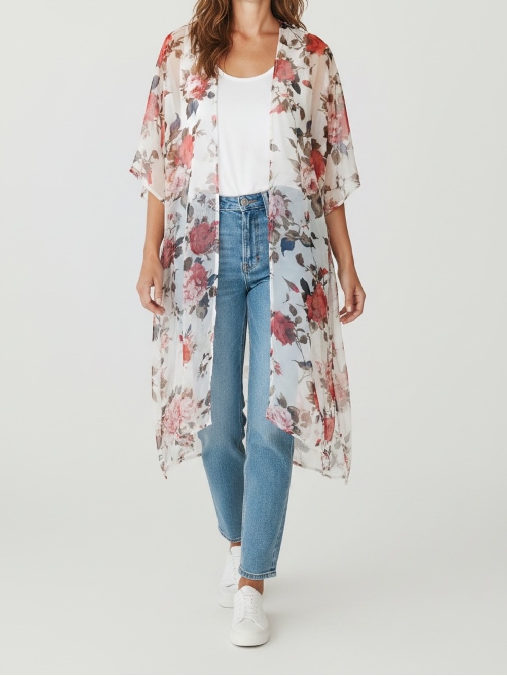 Zen Bohemian Sheer Floral Duster Kimono — White, Red & Pink Roses- One Size-2X